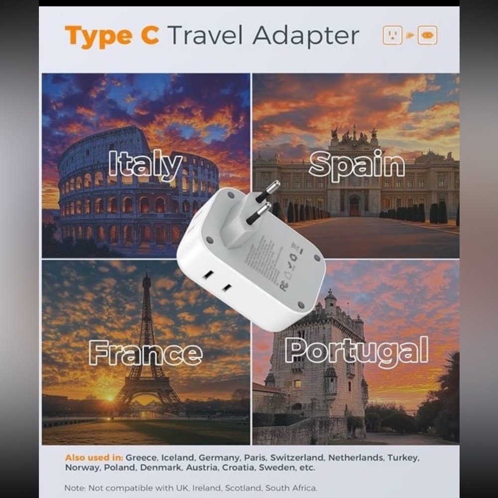 TESSAN US to Europe Adapter 4 Outlets 3 USB Charger, Type C International Power